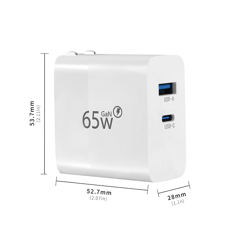 HFD 65W GaN Dual-Port Fast Charger | USB-C + USB-A
